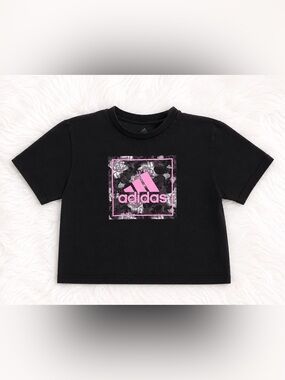 Adidas Women’s XS Black Cropped Graphic Tee | Pink Logo Athletic Athleisure Crop